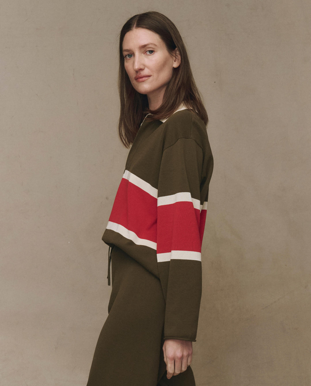 The Great Rugby Sweater in Army with Hot Red Stripe
