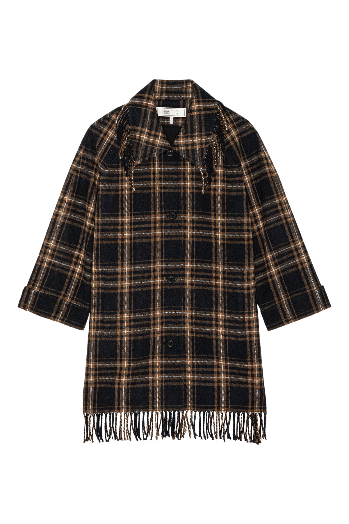 The Great x Stetson Fringe Coat in Caramel and Black Frontier Plaid