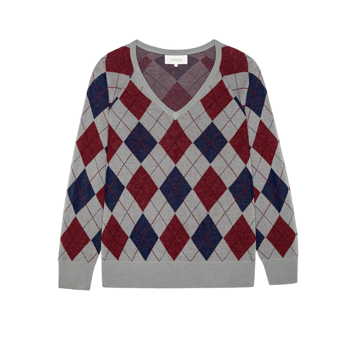 The Great The Argyle V-Neck Pullover in Heather Grey