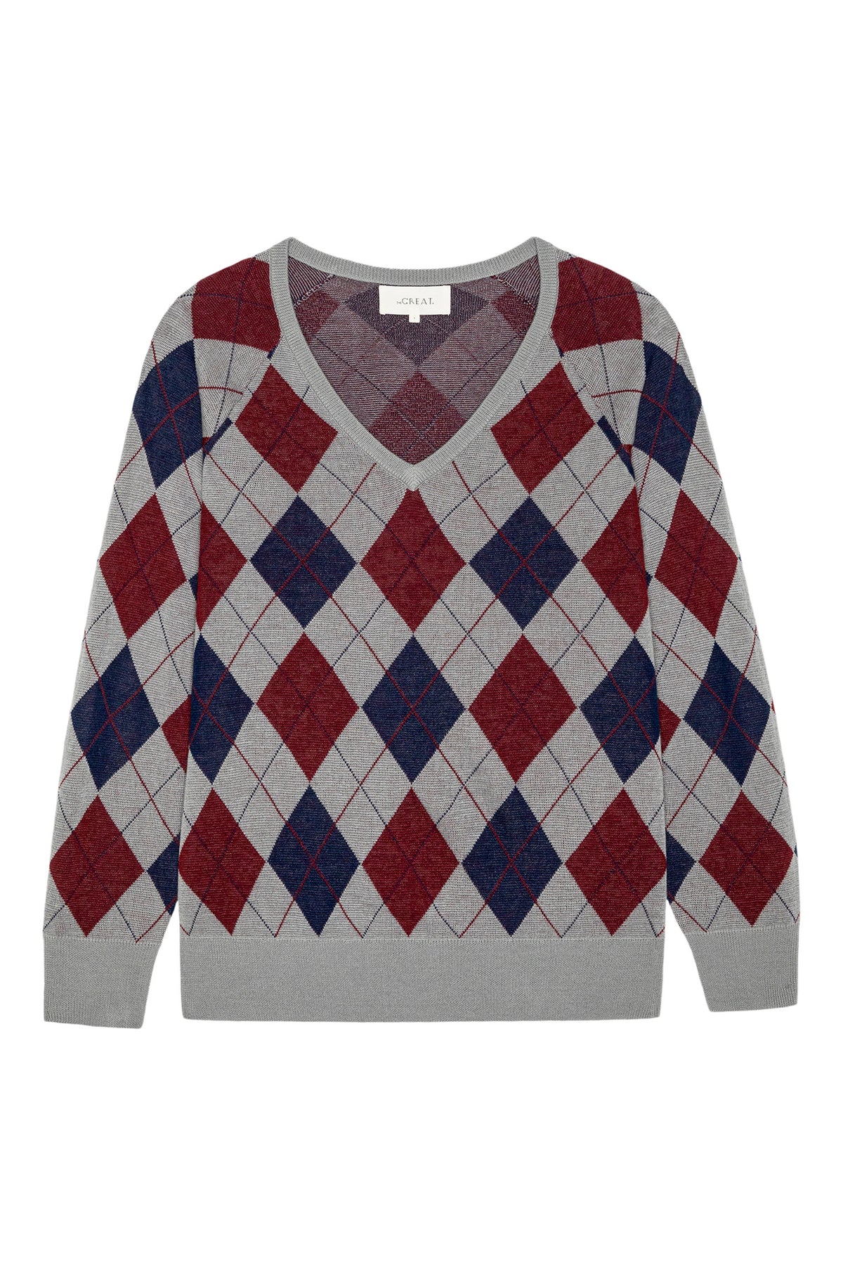 The Great The Argyle V-Neck Pullover in Heather Grey