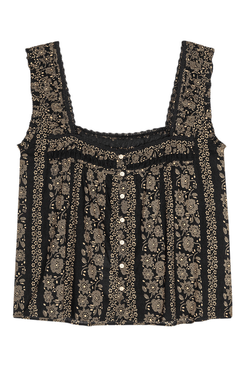 The Great Victorian Pleat Tank in Black and Cream Token Floral