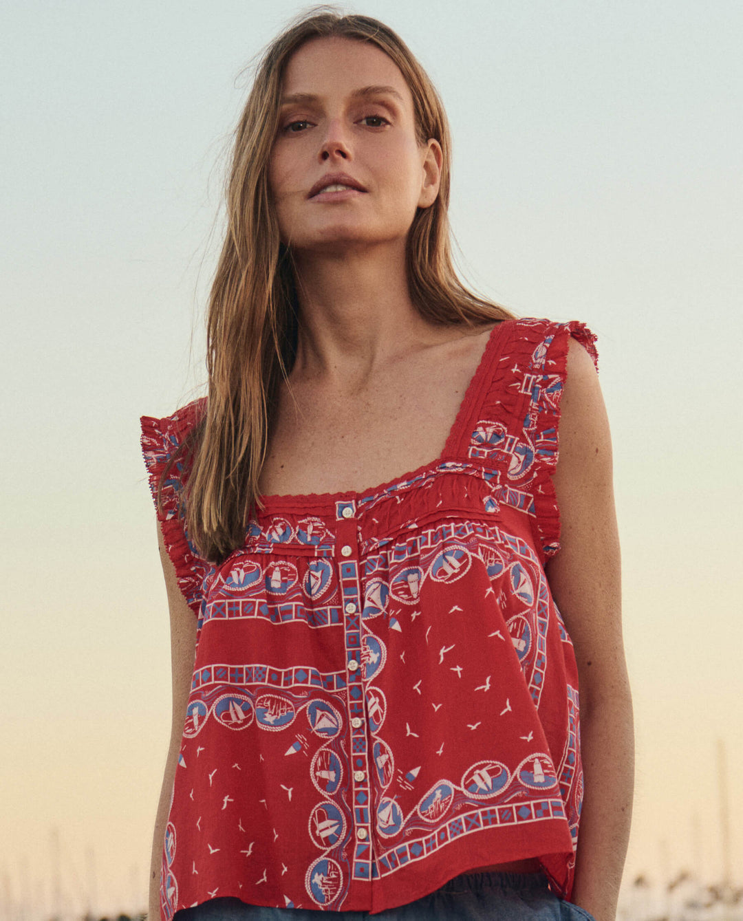 The Great Victorian Pleat Tank in Red Sailboat Bandana
