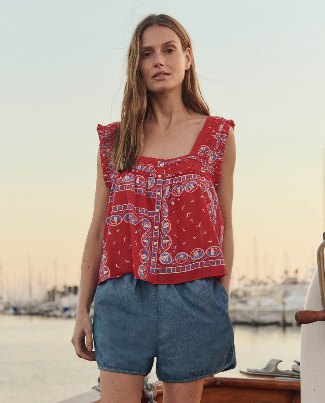 The Great Victorian Pleat Tank in Red Sailboat Bandana