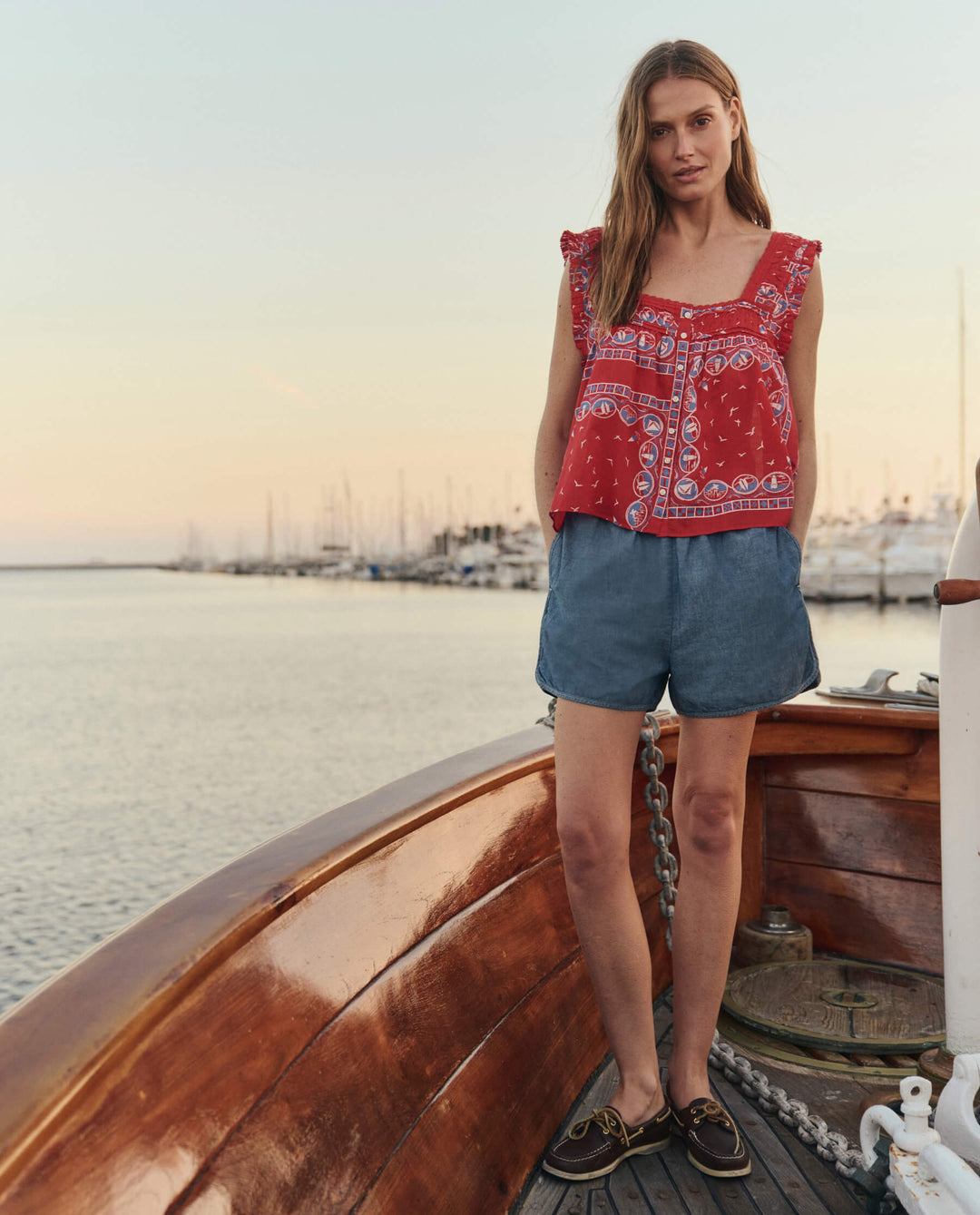 The Great Victorian Pleat Tank in Red Sailboat Bandana