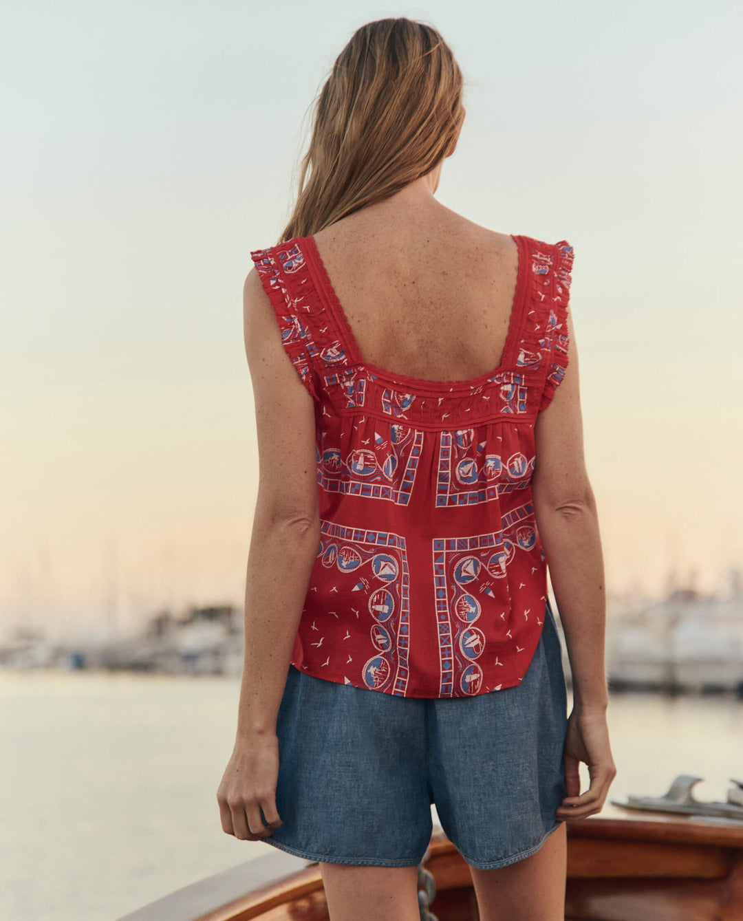 The Great Victorian Pleat Tank in Red Sailboat Bandana