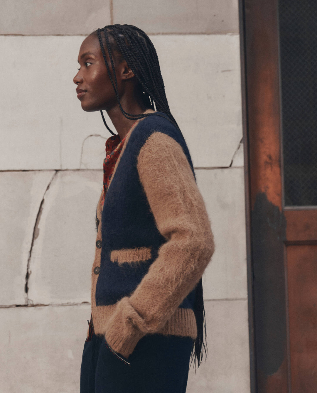 The Great Wellington Cardigan in Navy and Tan