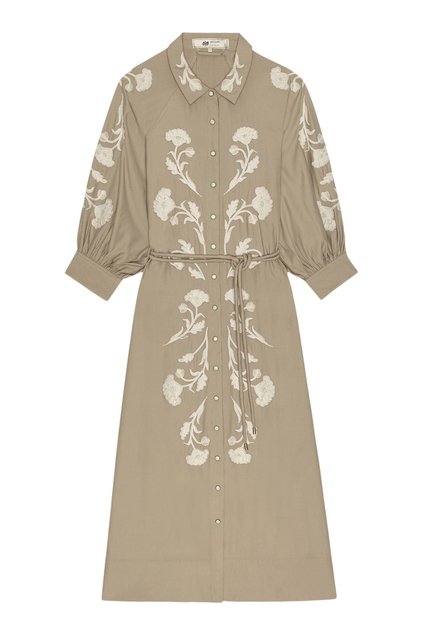 The Great x Stetson Western Embroidered Herd Dress in Soft Tan with Cream Embroidery