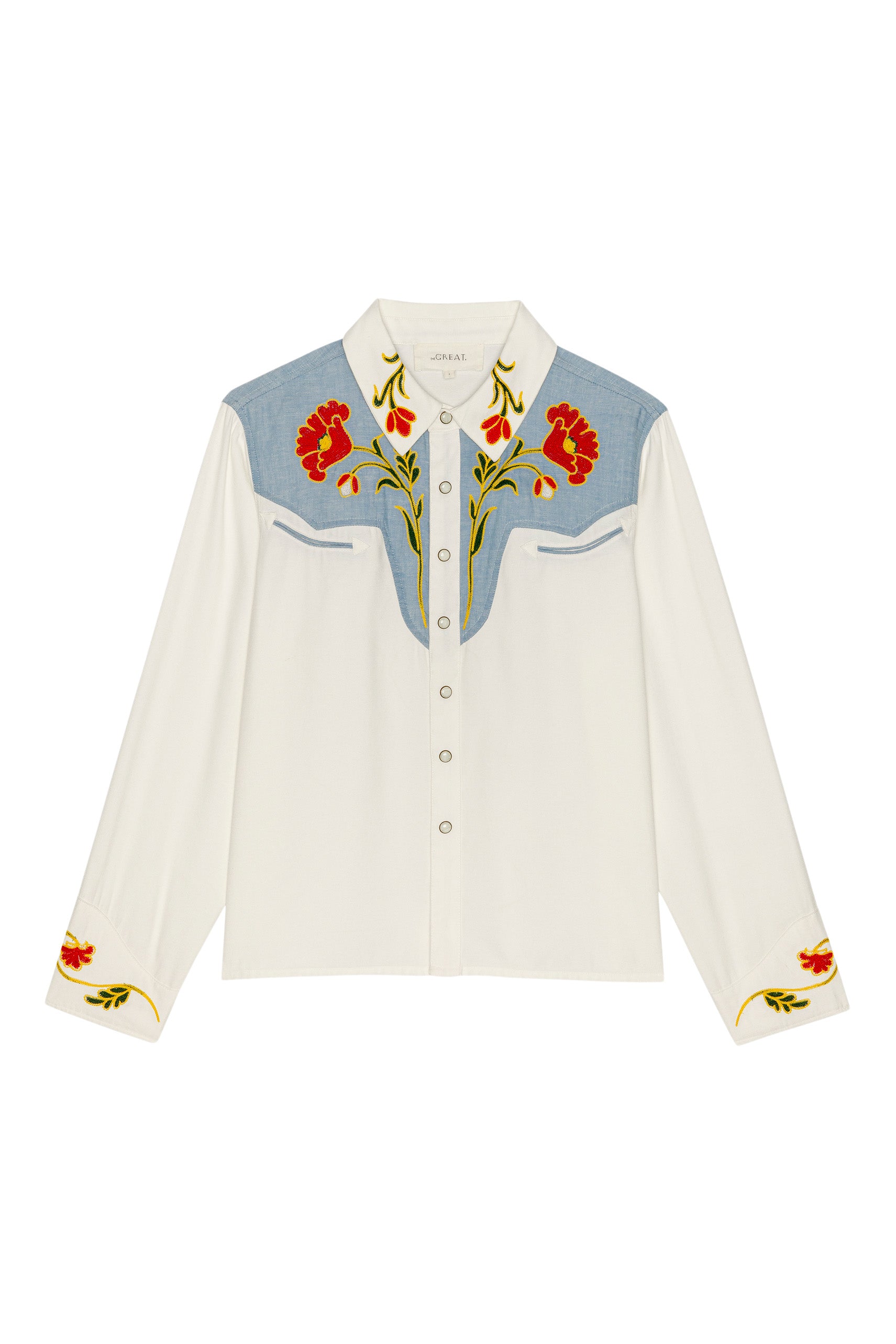 The Great x Stetson Western Embroidered Shirt in Cream with Chambray Mix Multi Embroidery