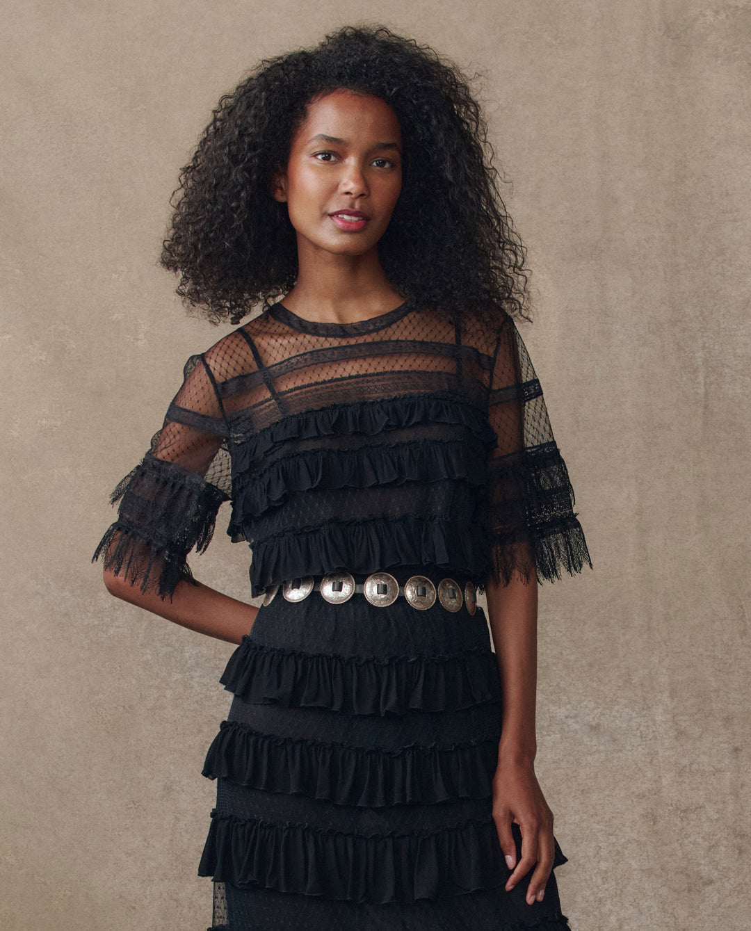 The Great Winter Mesh Flounce Top in Black