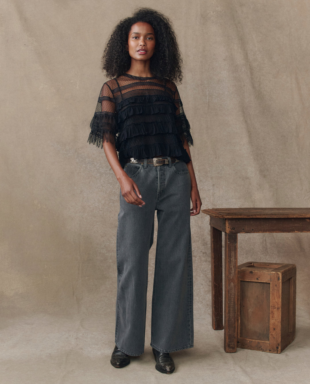 The Great Winter Mesh Flounce Top in Black