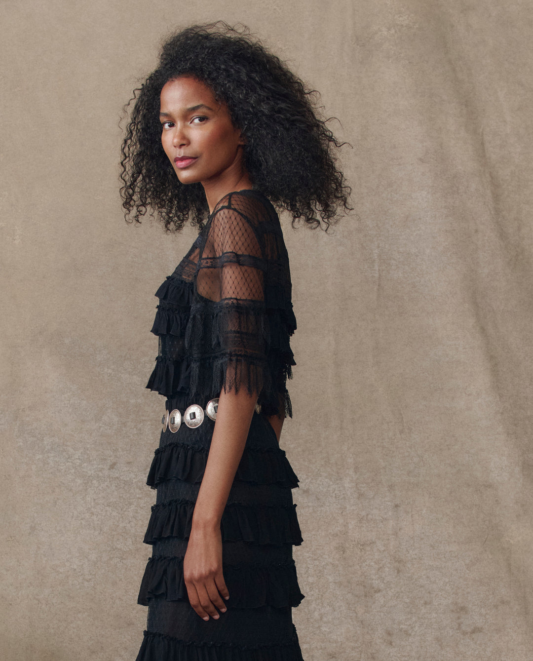 The Great Winter Mesh Flounce Top in Black