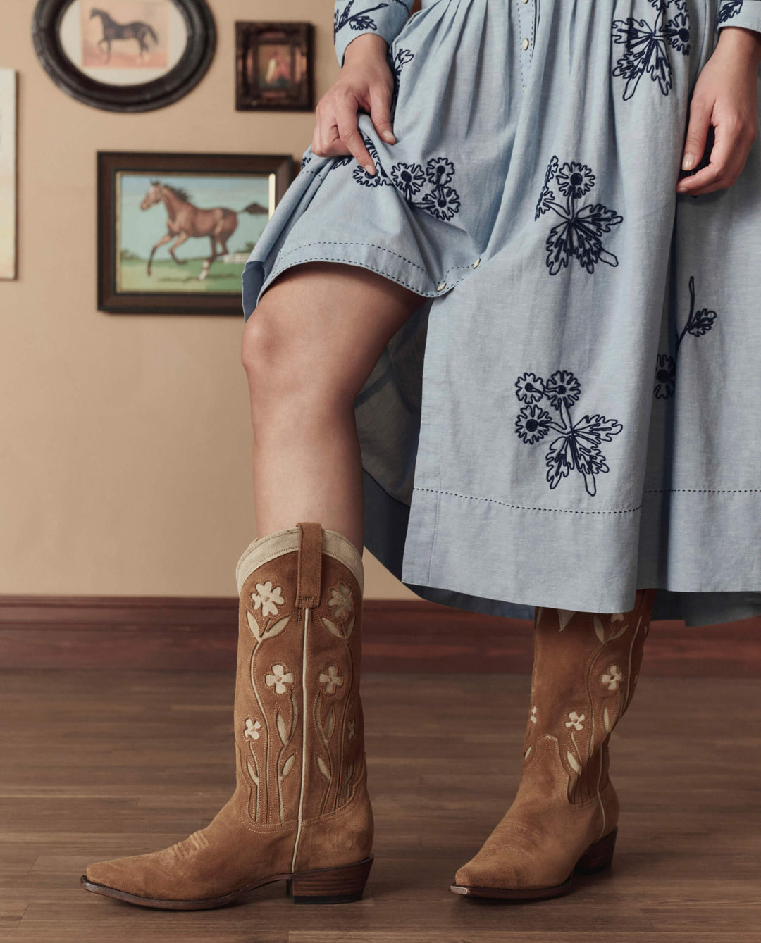 The Great x Stetson Suede Floral Cowboy Boots in Tan Floral