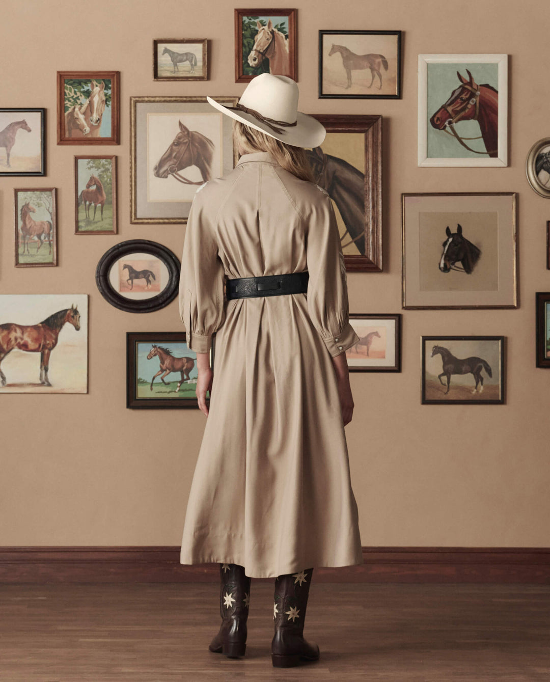 The Great x Stetson Western Embroidered Herd Dress in Soft Tan with Cream Embroidery