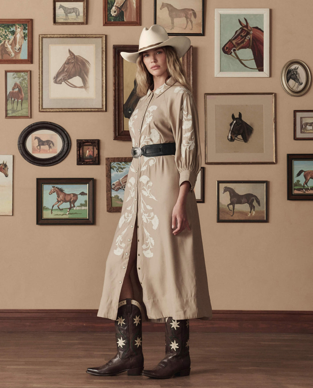 The Great x Stetson Western Embroidered Herd Dress in Soft Tan with Cream Embroidery