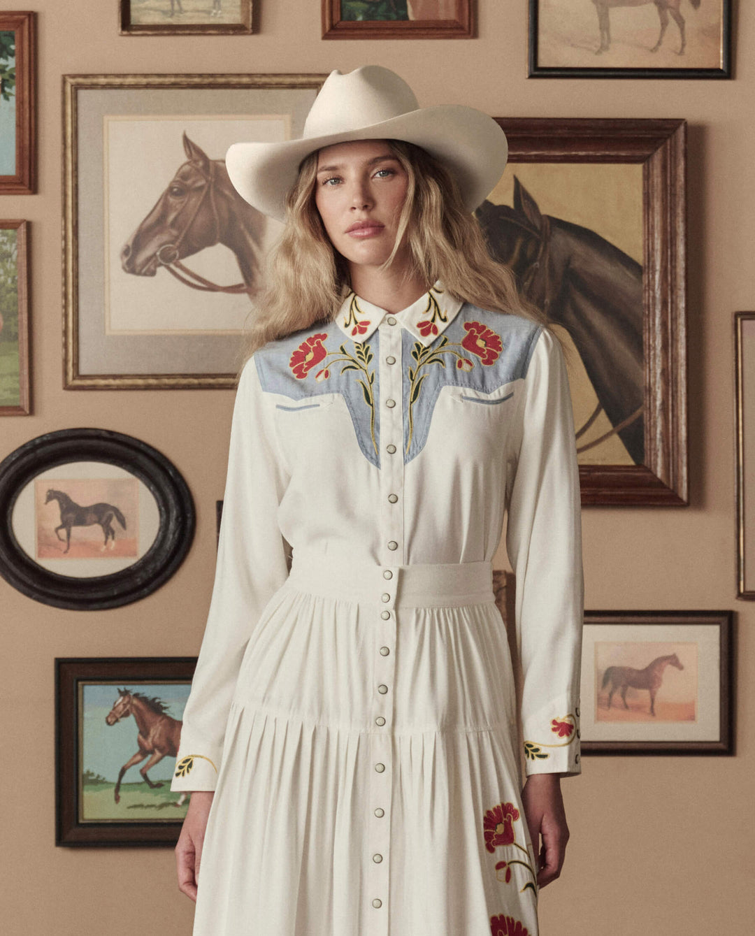 The Great x Stetson Western Embroidered Shirt in Cream with Chambray Mix Multi Embroidery
