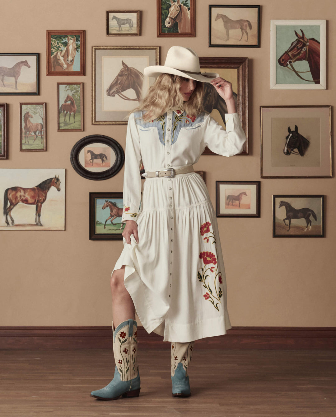 The Great x Stetson Western Embroidered Shirt in Cream with Chambray Mix Multi Embroidery