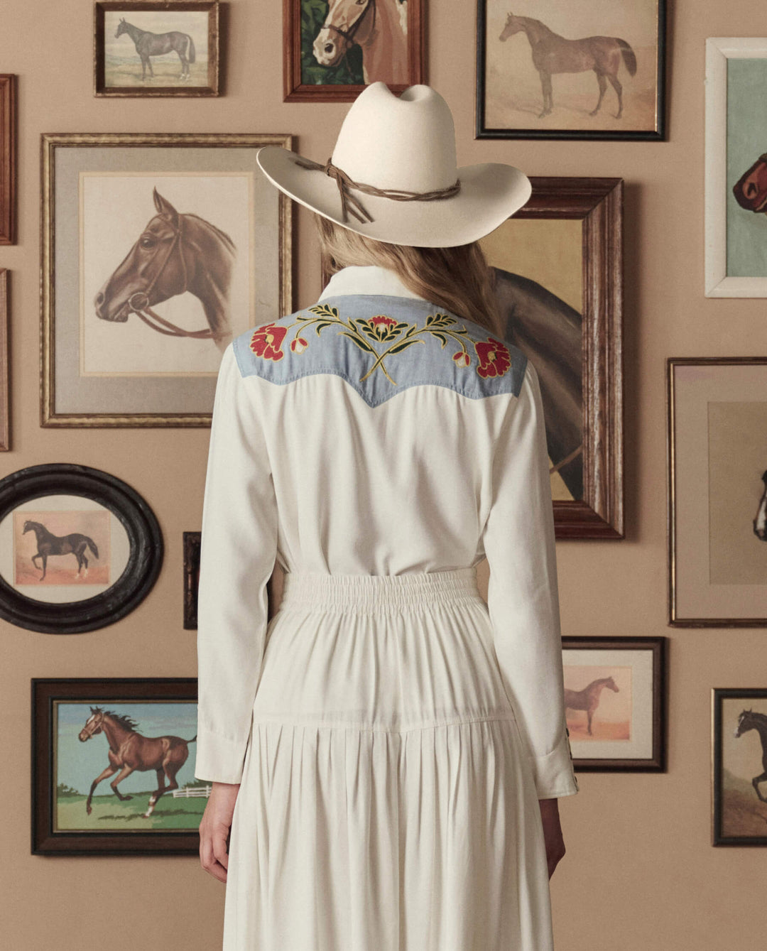 The Great x Stetson Western Embroidered Shirt in Cream with Chambray Mix Multi Embroidery