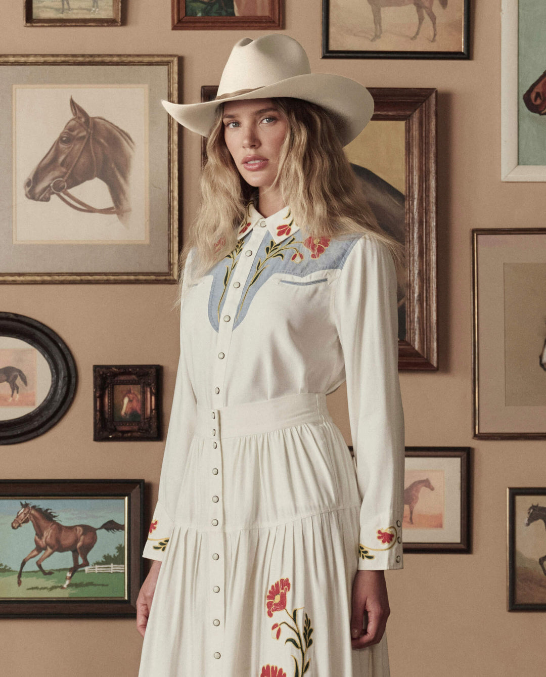 The Great x Stetson Western Embroidered Shirt in Cream with Chambray Mix Multi Embroidery