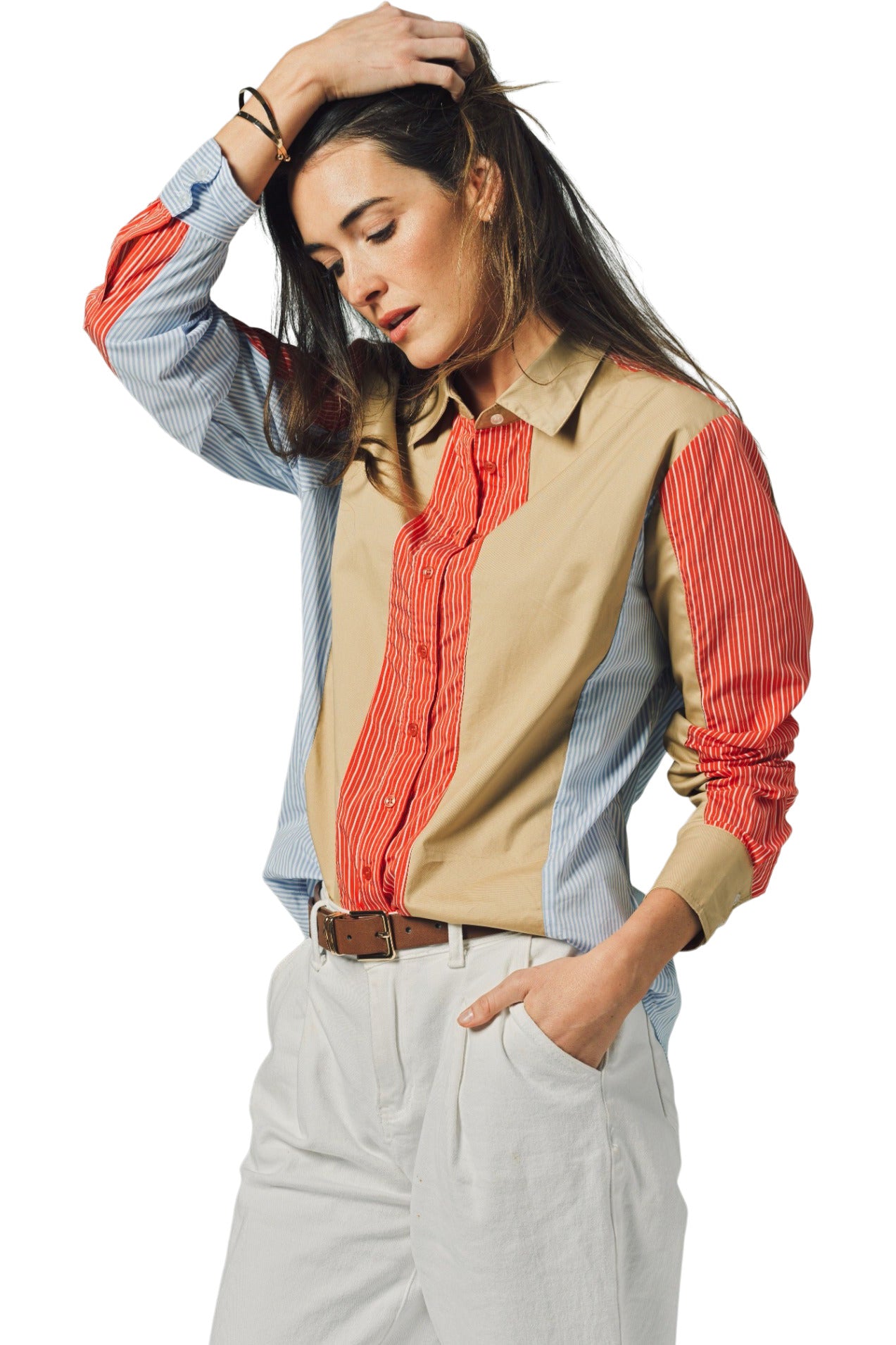 The Shirt By Rochelle Behrens Boyfriend Shirt In Stripe Tan Red Blue