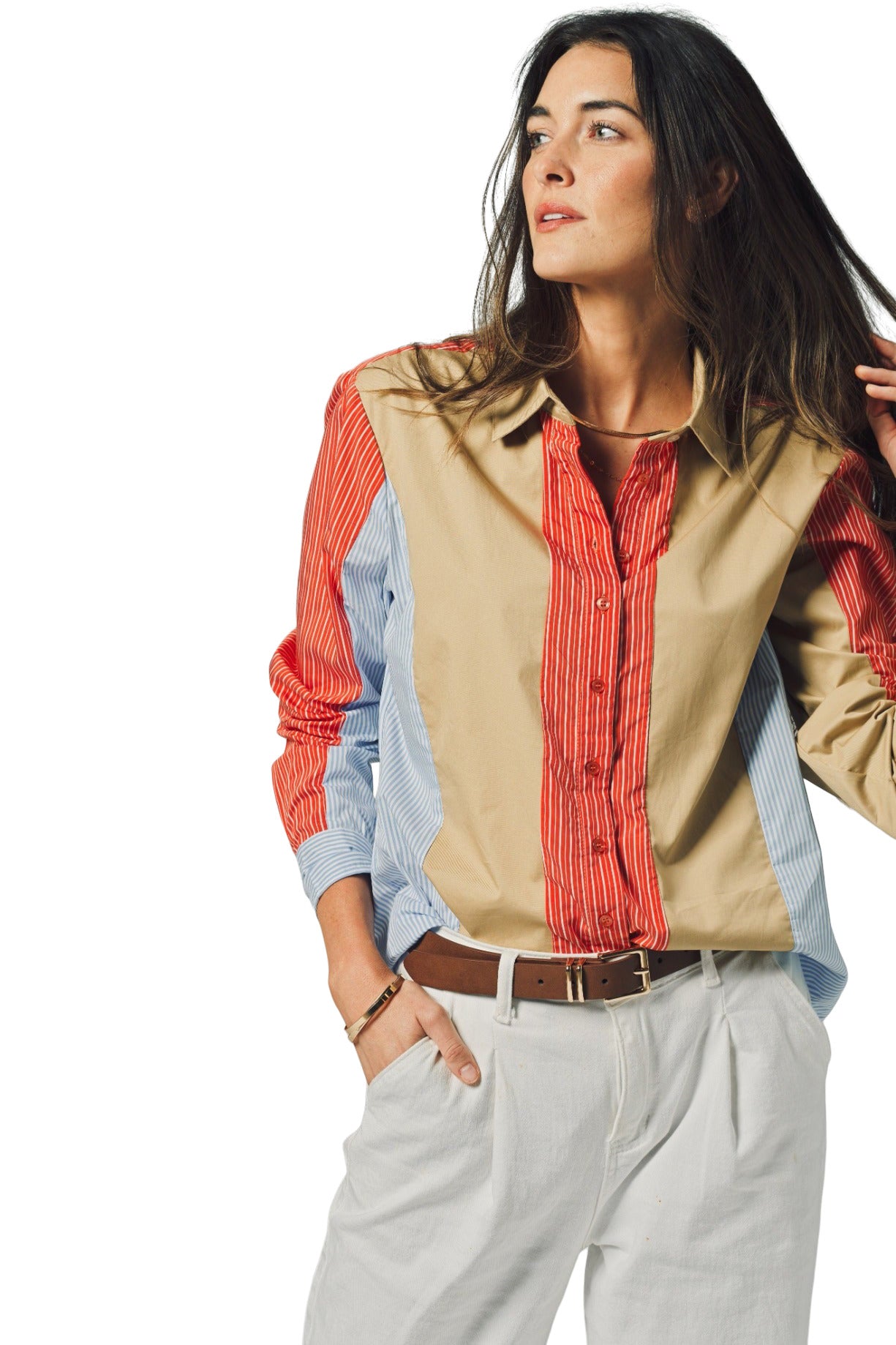 The Shirt By Rochelle Behrens Boyfriend Shirt In Stripe Tan Red Blue