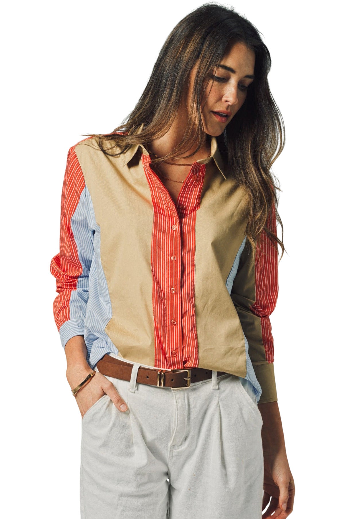 The Shirt By Rochelle Behrens Boyfriend Shirt In Stripe Tan Red Blue