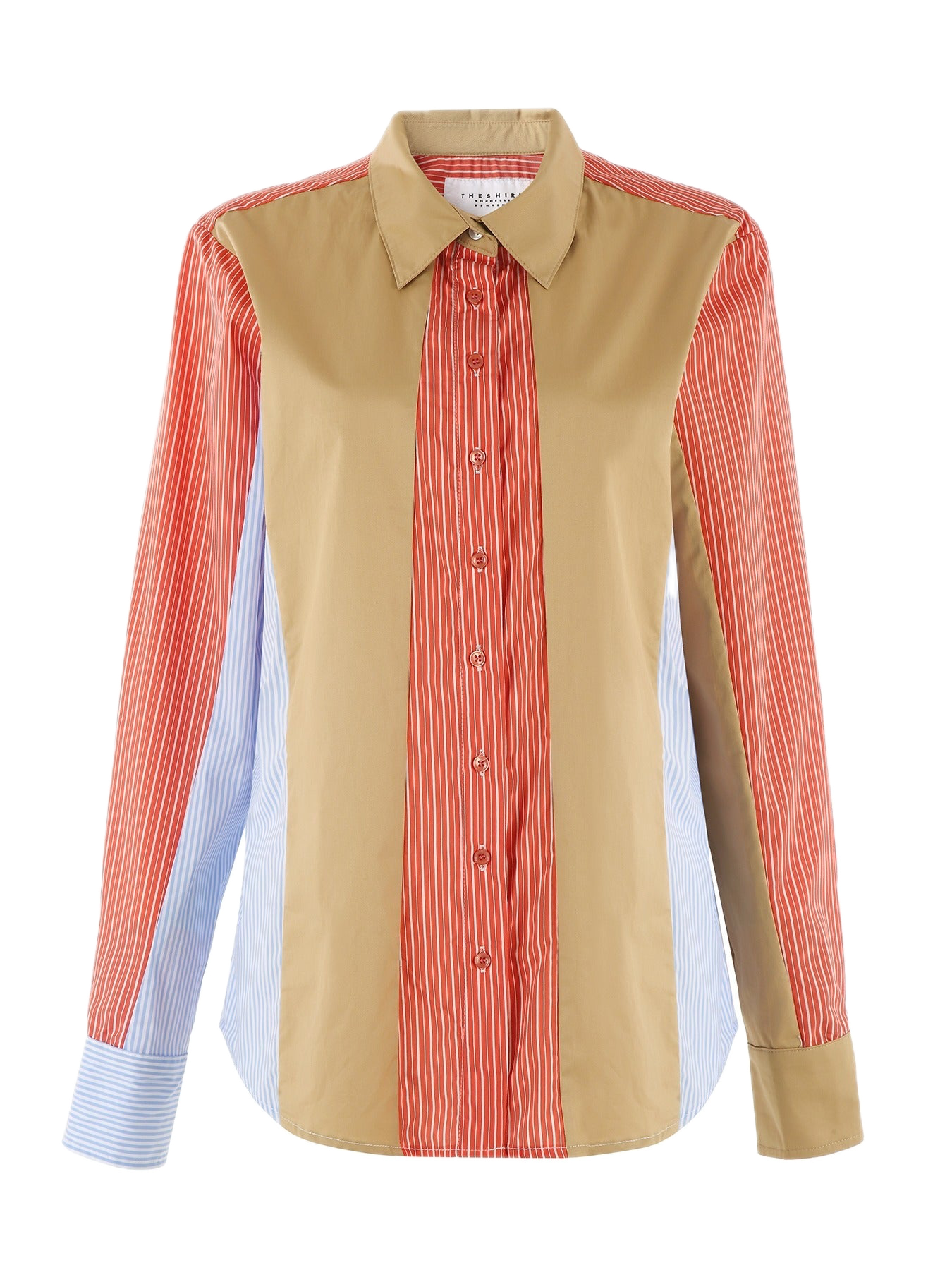 The Shirt By Rochelle Beh Boyfriend Shirt In Stripe Tan Red Blue