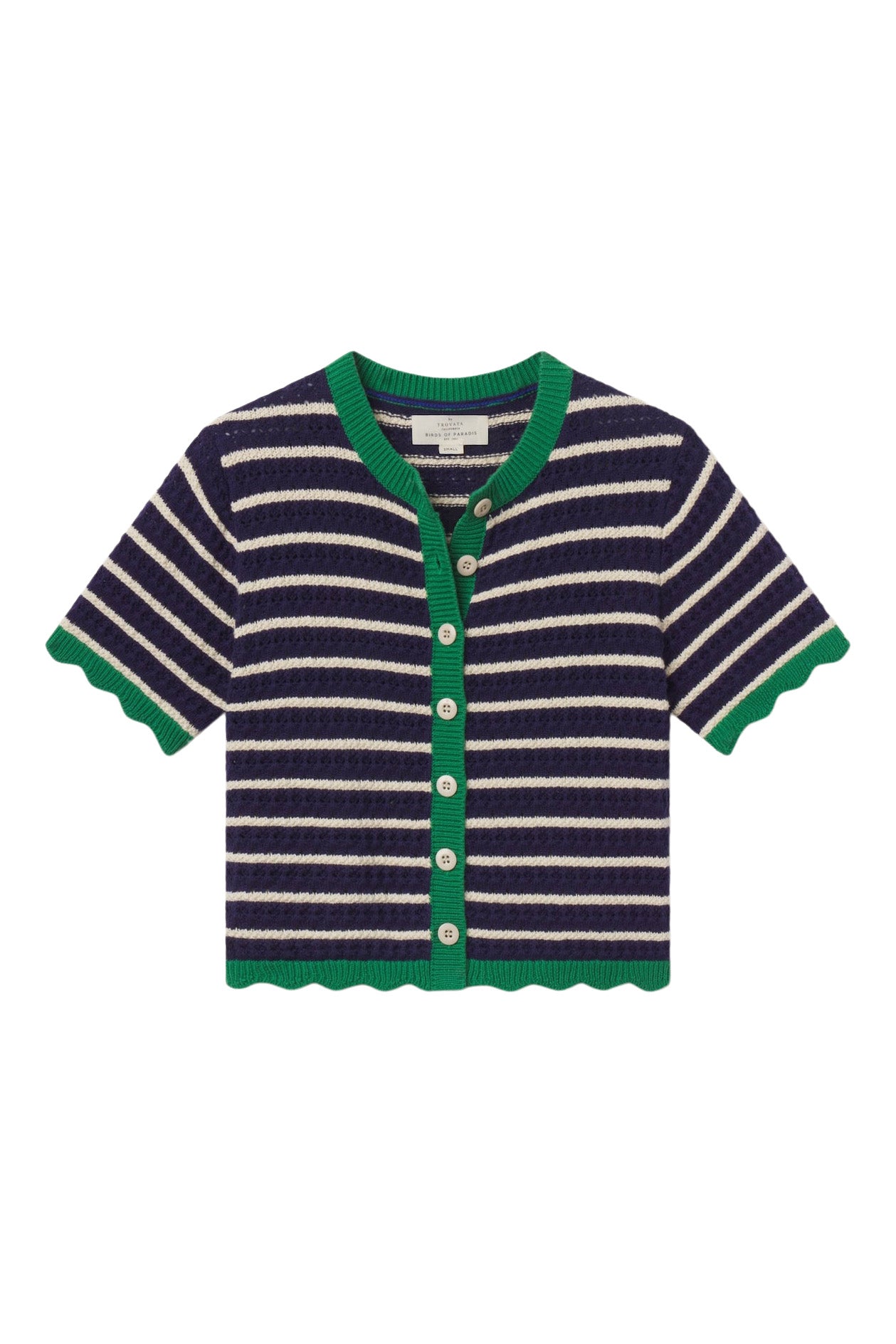 Trovata Birds of Paradis Aurora Short Sleeve Cardigan in Navy with Antique White Stripe