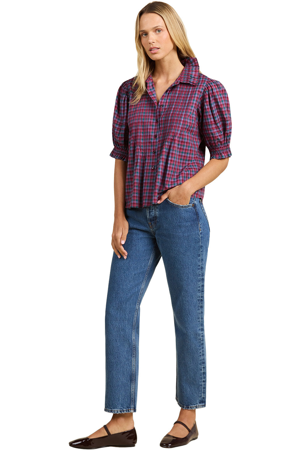 Trovata Birds of Paradis Jess Blouse in Poppy & Pine Check