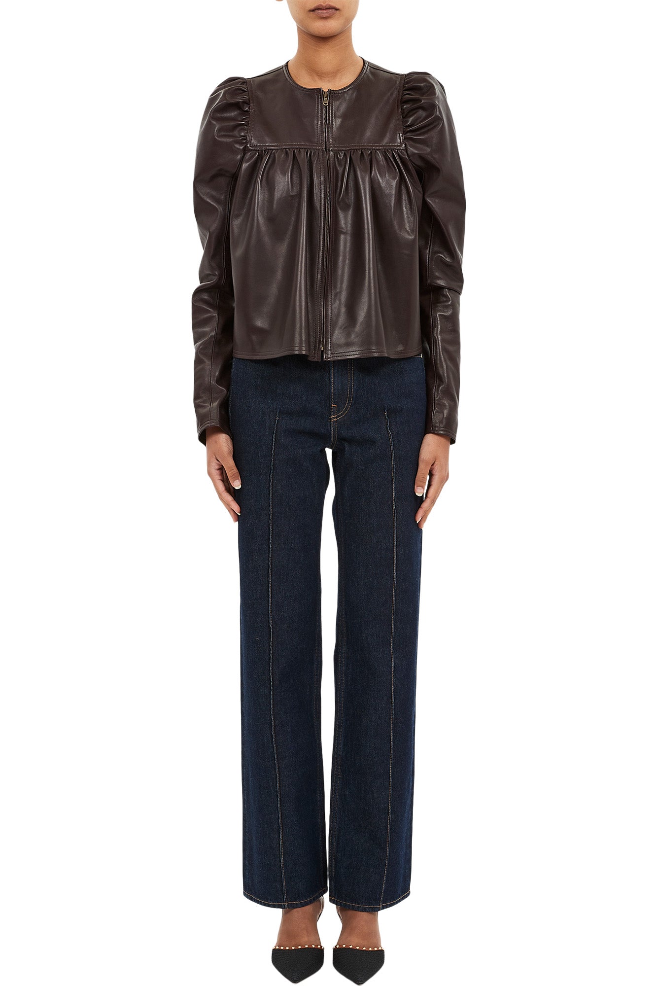 Ulla Johnson Anouk Zip Up Leather Jacket in Mahogany