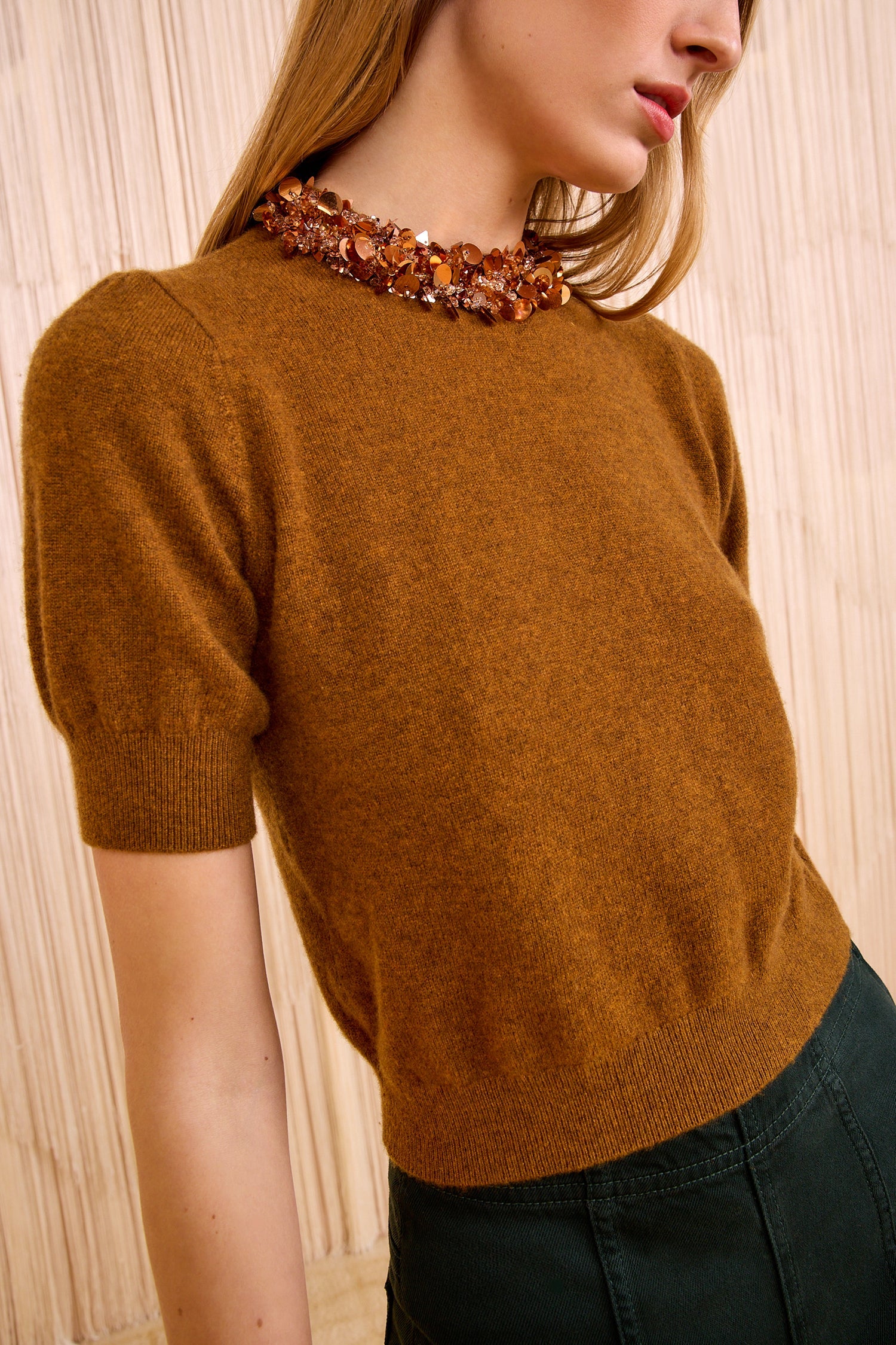 Ulla Johnson Liv Embroidered Cashmere Short Sleeve Knit