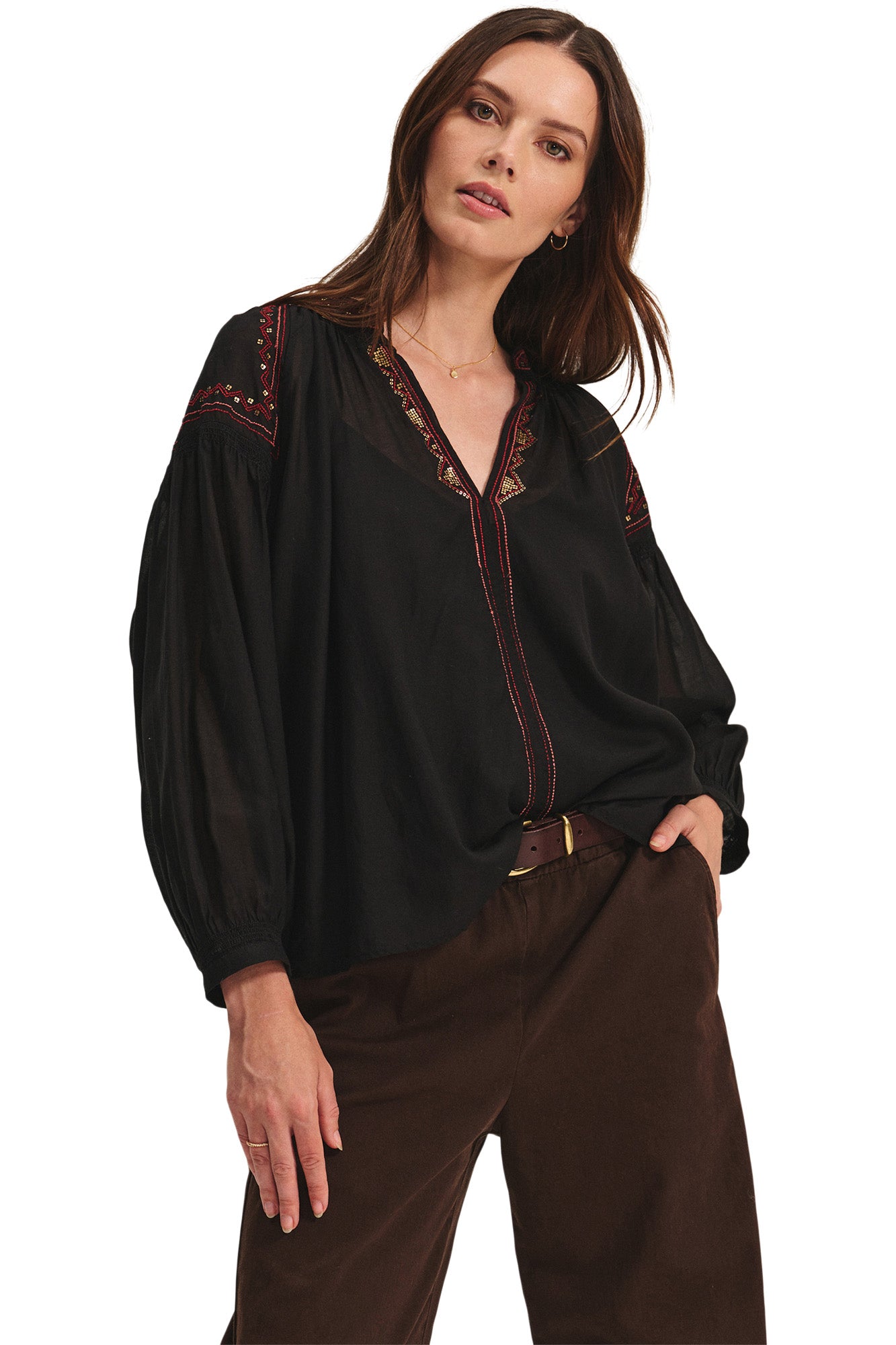Velvet Bridget Novelty Beaded Cotton Blouse in Black