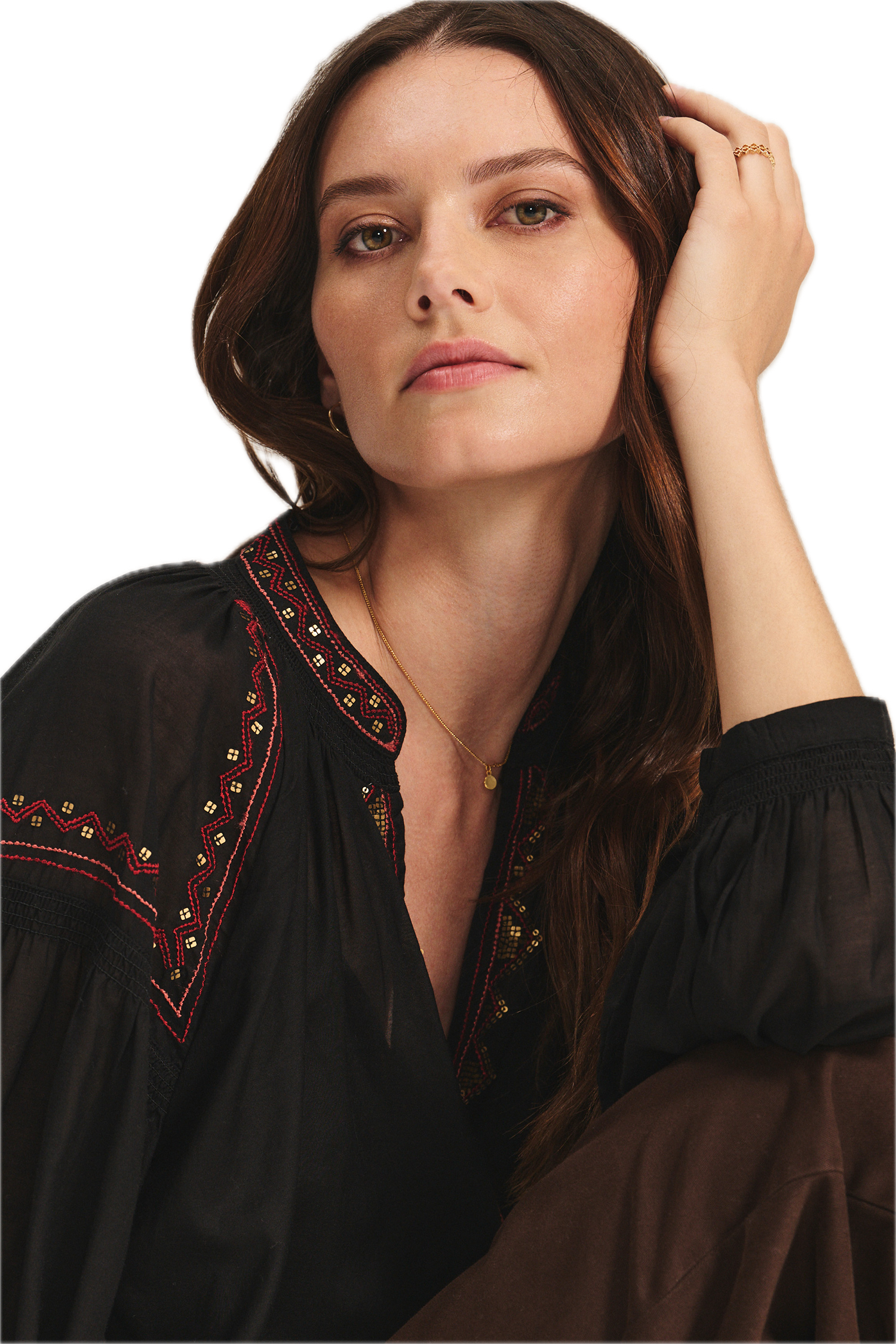 Velvet Bridget Novelty Beaded Cotton Blouse in Black