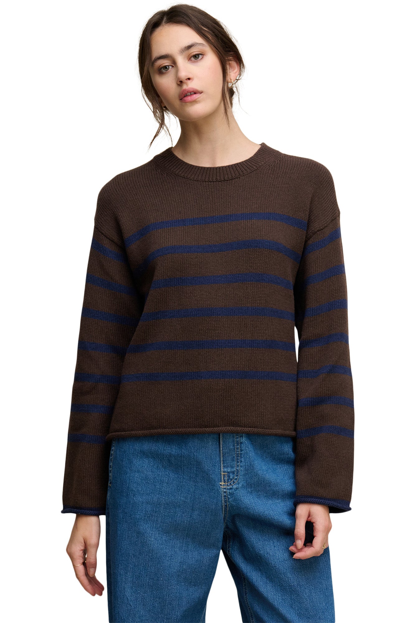 Velvet Lucia Striped Crewneck in Espresso - Marin
