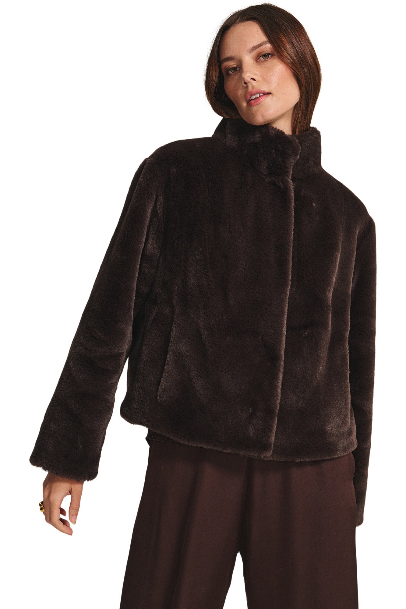 Velvet Sheena Faux Fur Short Jacket in Espresso