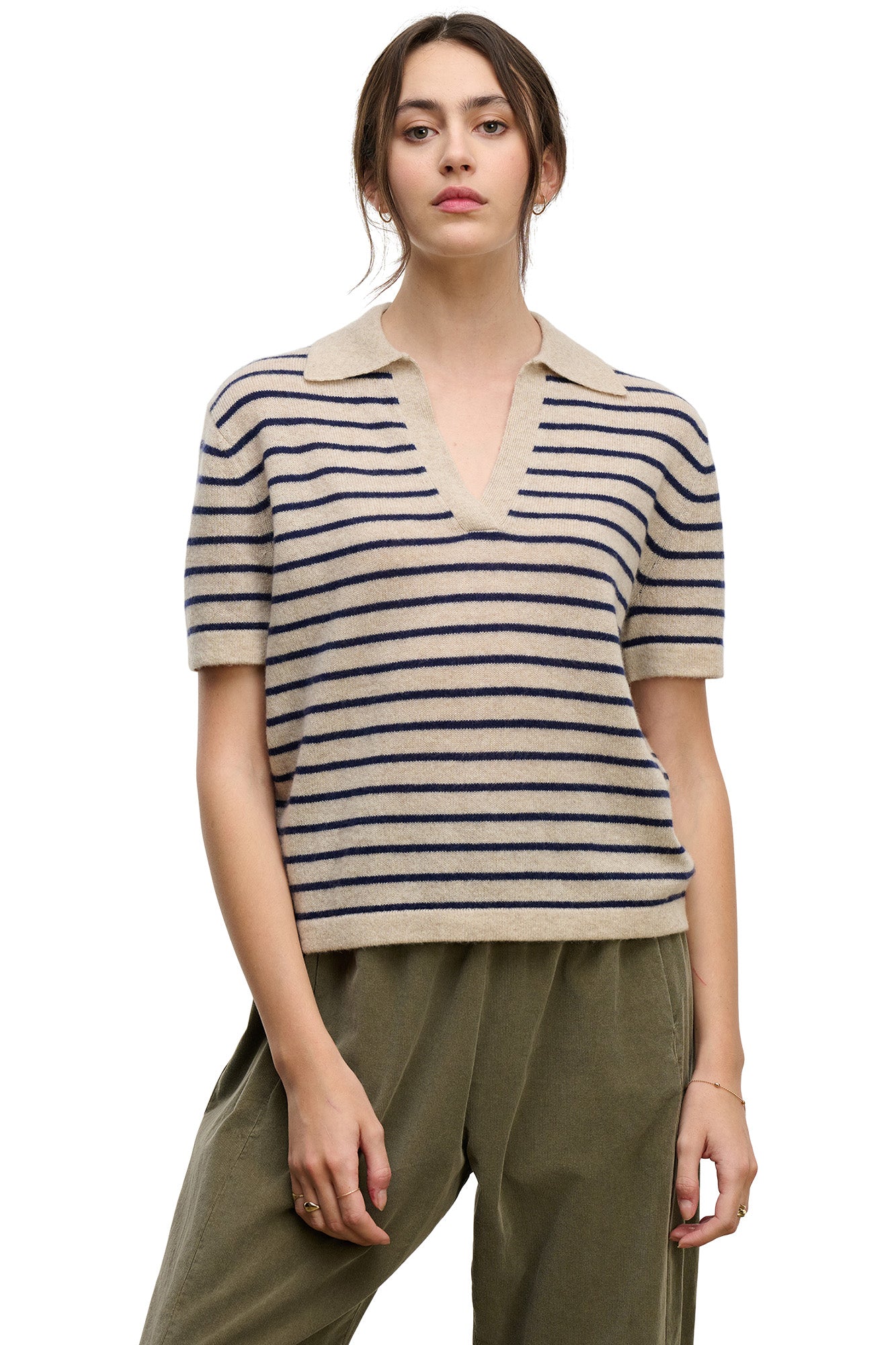 Velvet Yael Polo Sweater in Oatmeal - Navy