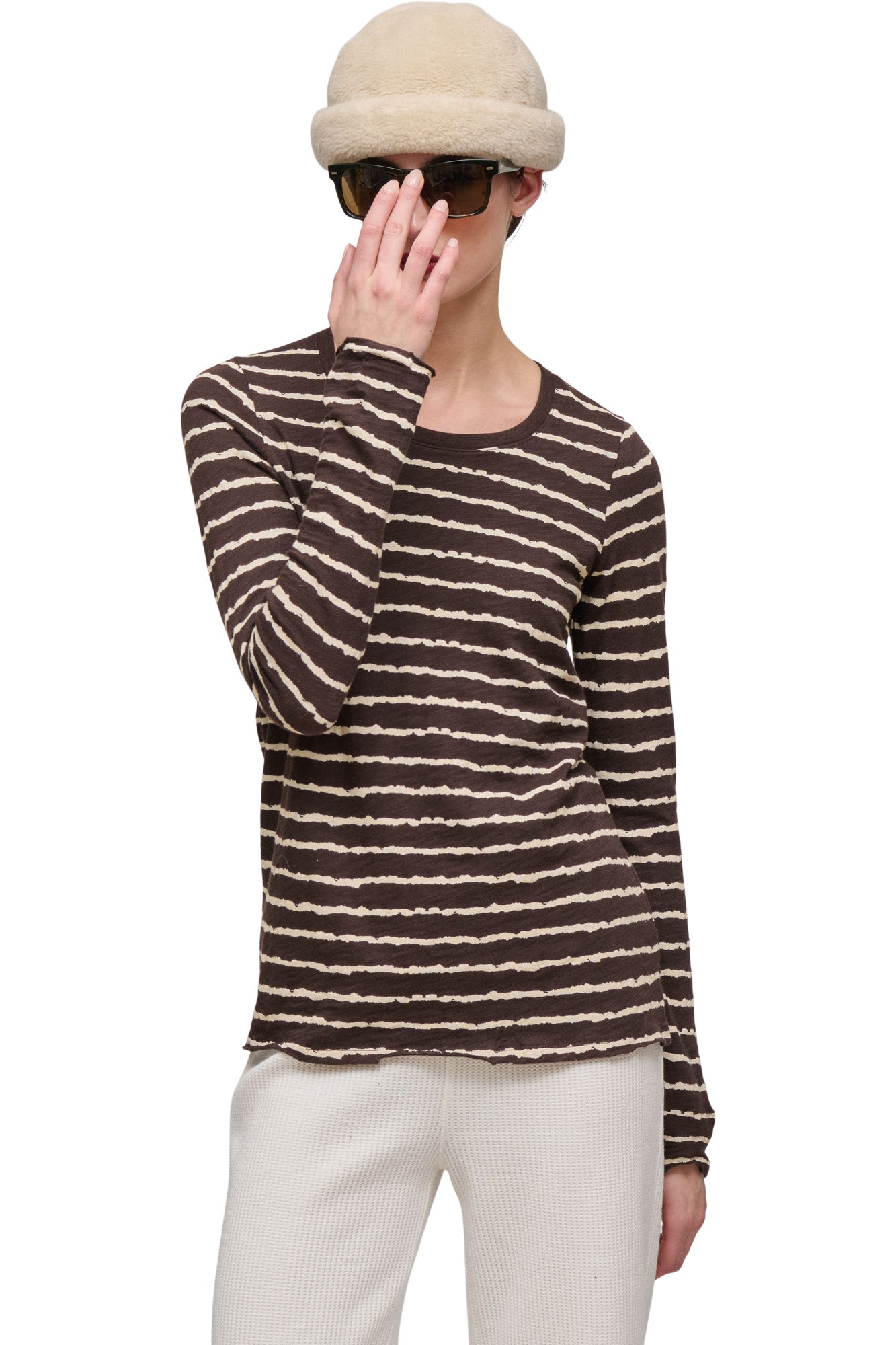 ATM Long Sleeve Destroyed Wash Tee in Dark Chocolate-Chalk