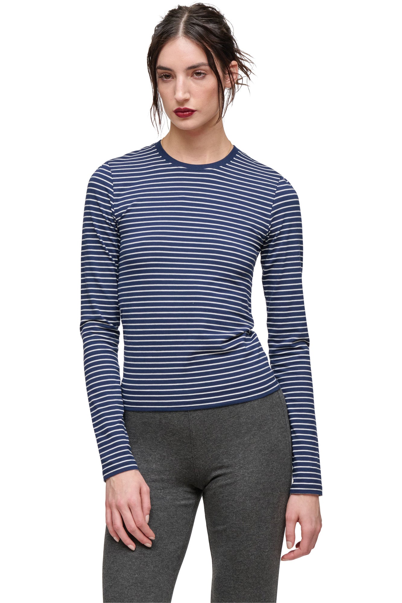 ATM Cotton Spandex Long Sleeve Tee in Midnight - White