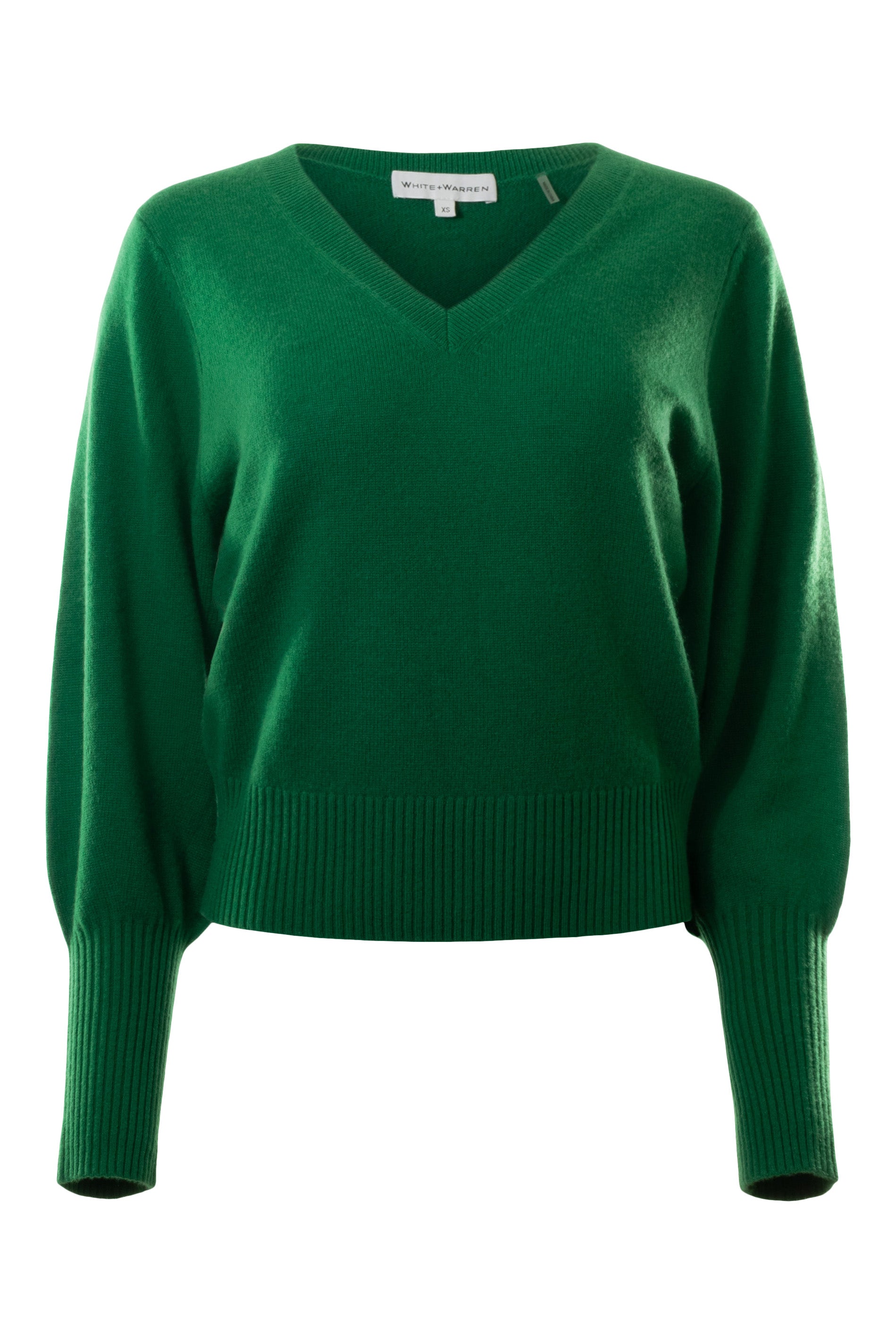 White & Warren Cashmere Blouson Sleeve Vneck Sweater in Jewel Green
