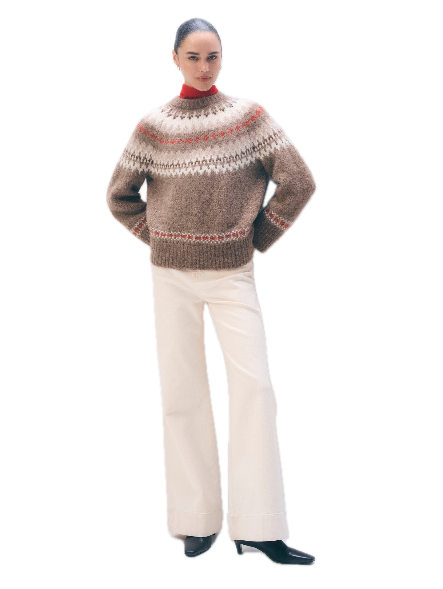 White & Warren Alpaca Fair Isle Crewneck Sweater in Brown Combo