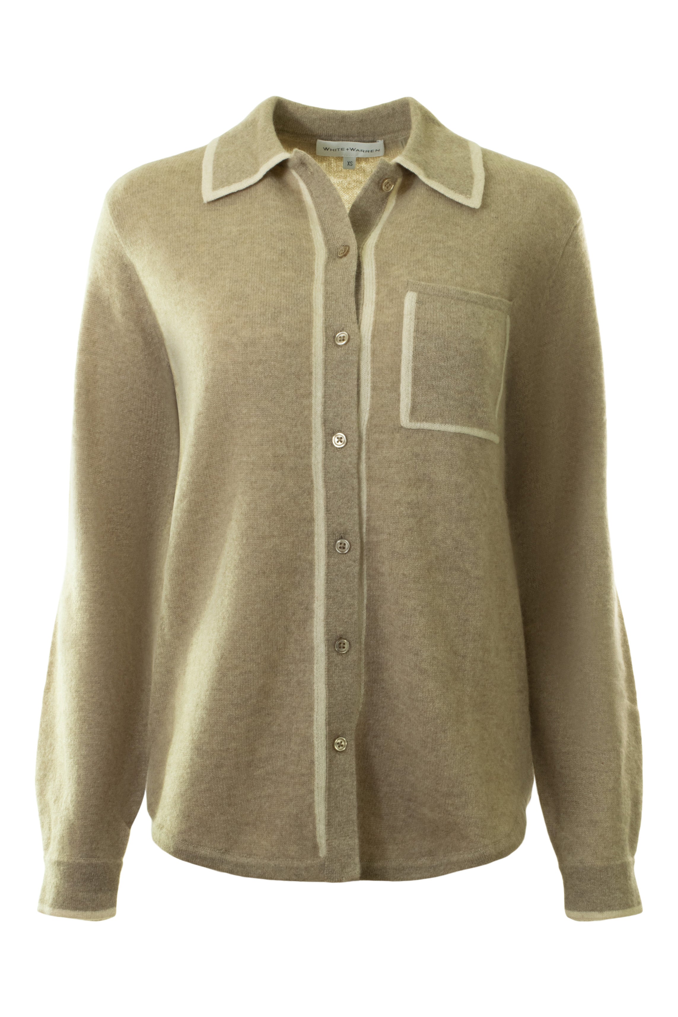 White & Warren White Warren Cashmere Tipped Button Shirt in Taupe - Natural