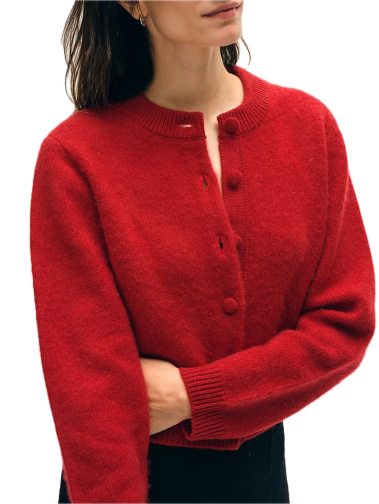 White & Warren Brushed Cashmere Crewneck Cardigan in Dark Cherry