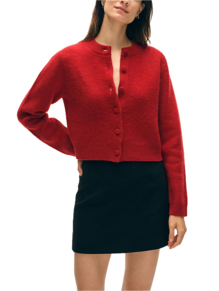 White & Warren Brushed Cashmere Crewneck Cardigan in Dark Cherry