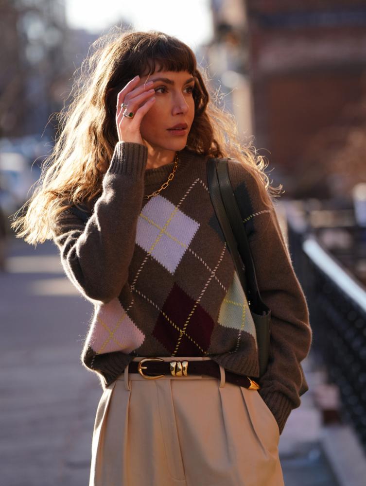White & Warren Cashmere Argyle Crewneck Sweater