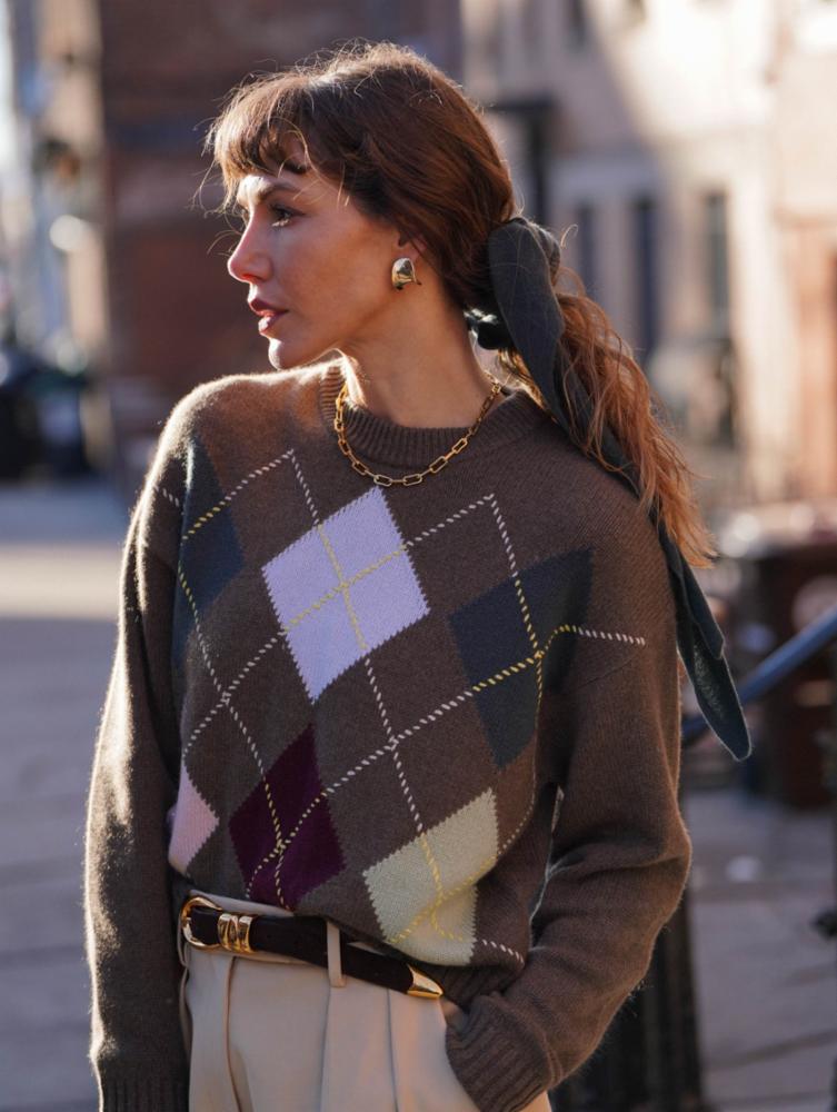 White & Warren Cashmere Argyle Crewneck Sweater