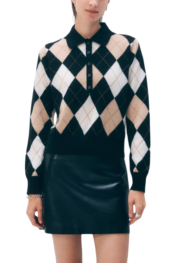 White & Warren Cashmere Argyle Long Sleeve Polo