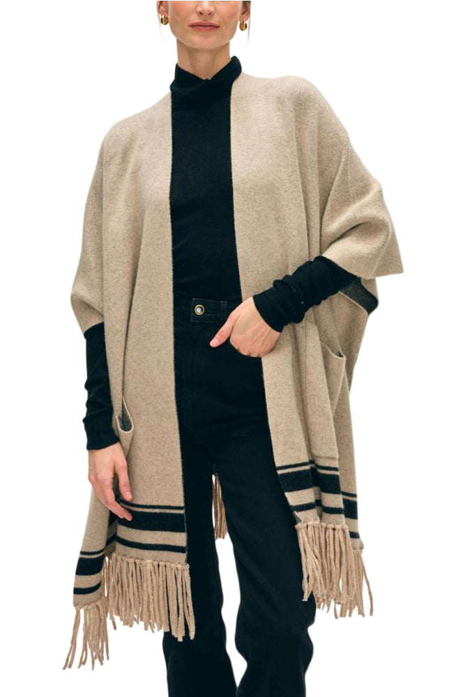 White & Warren Cashmere Blend Fringe Poncho in Sand Black