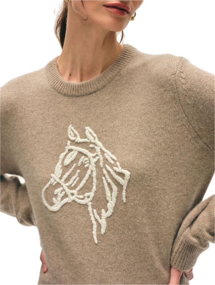 White & Warren Horse Embroidered Sweater in Misty Brown-Ivory