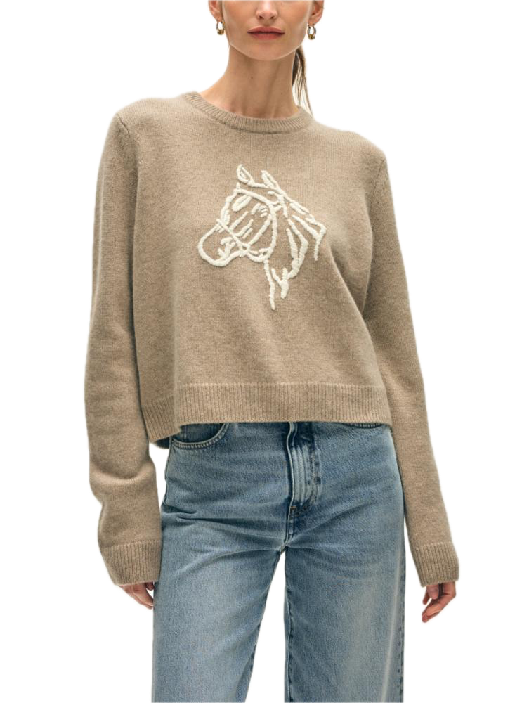 White & Warren Horse Embroidered Sweater in Misty Brown-Ivory