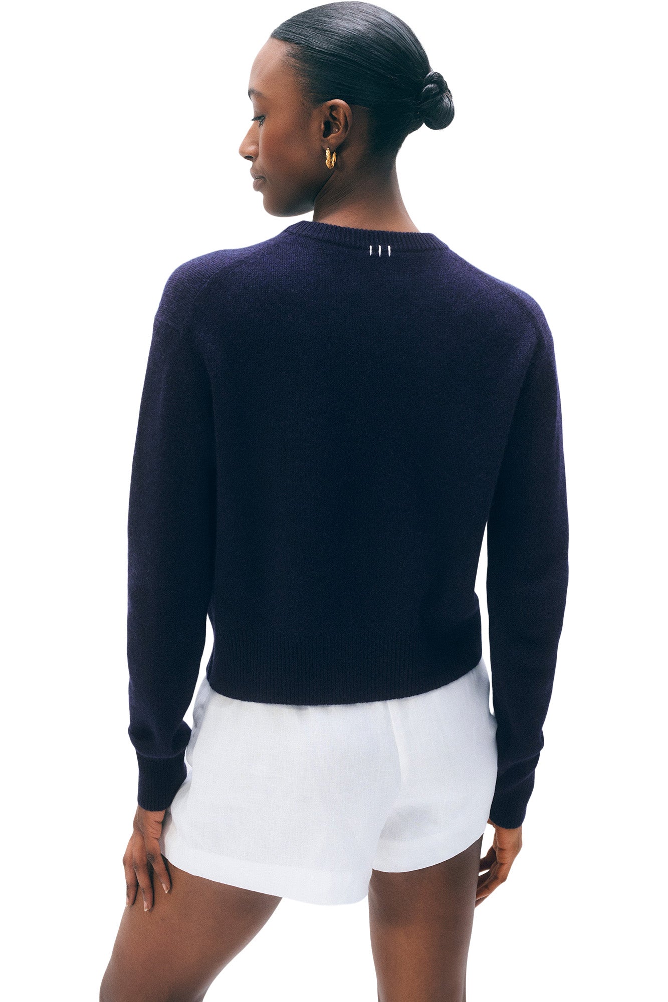 White & Warren Cashmere Embroidered Lobster Crewneck in Deep Navy-Soft White