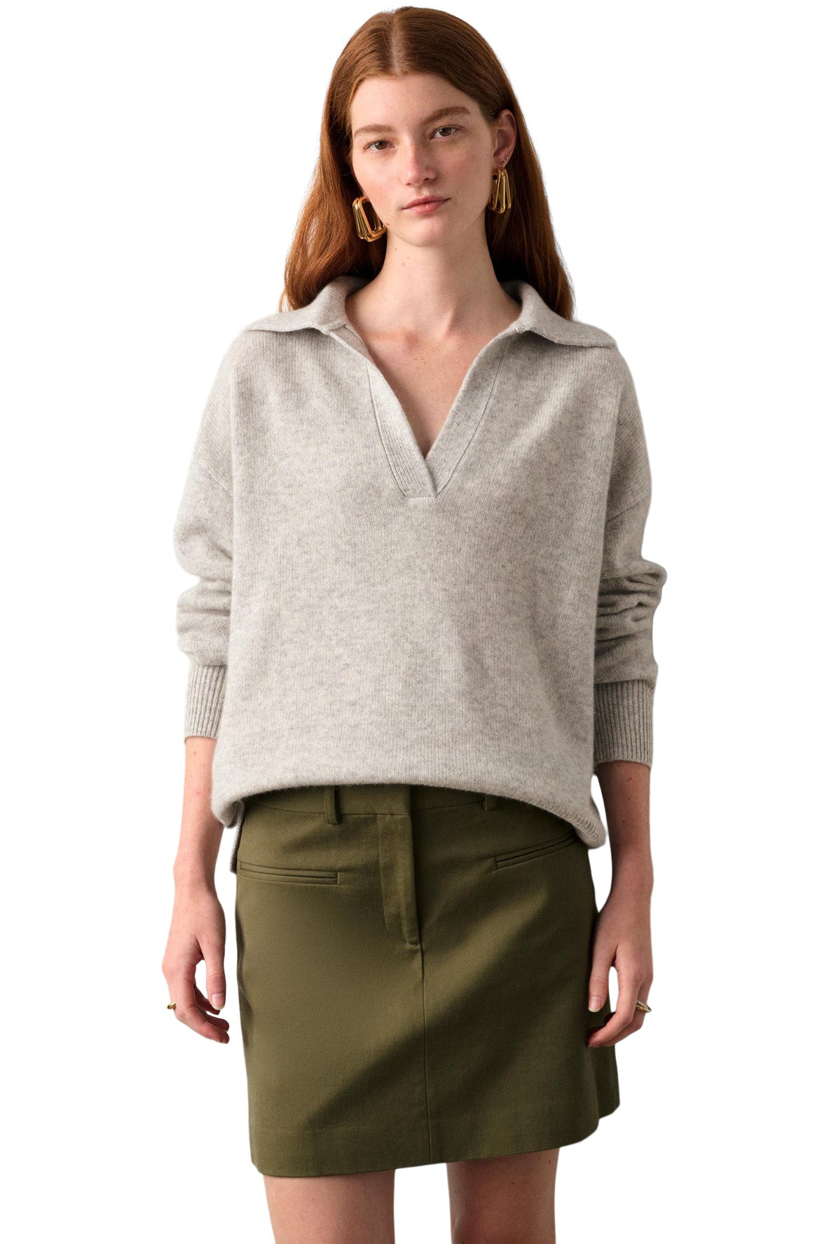 White & Warren Cashmere Ribbed Polo Sweater in Misty Grey Heather